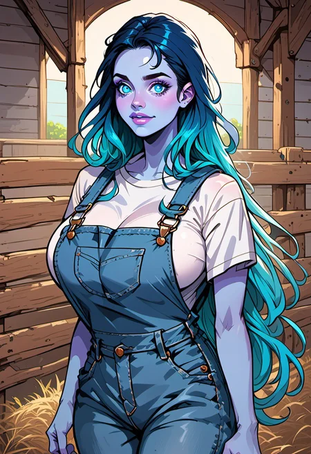 commix style, score_9, score_8_up, score_7_up, 1woman, mature, (blue skin:1.3), detailed blue eyes, large round eyes, bright eyes, (long dark blue hair:1.4), fiery hair, gradient_hair to light neon blue, (very long hair), blue lipstick, huge breasts, white shirt, blue overalls, fence, farm