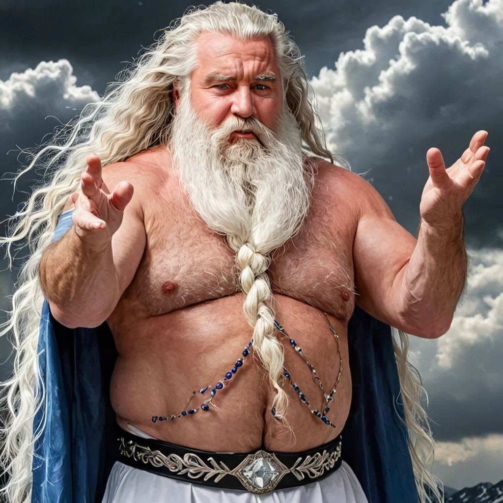 8k expansive portrait photo of an old wizard wearing silver jewelry with diamonds and sapphires casting a spell ,snowy mountain top, snowstorm, lighting flash, , huge braided white beard, long wavy windswept white hair, raised arms, dramatic gesture, blue and white robes, bushy eyebrows, male focus, bara, daddybear, obese, musclebound, huge biceps, , swirling thunderclouds, dramatic lighting, hyperrealistic, detailed background <lora:Big_Braided_Beards:1> <lora:Dynamic Poses:1>