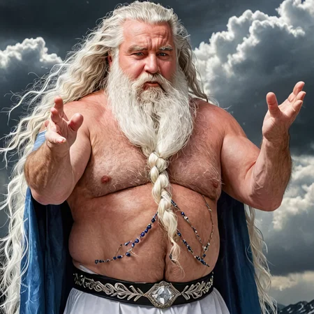 8k expansive portrait photo of an old wizard wearing silver jewelry with diamonds and sapphires casting a spell ,snowy mountain top, snowstorm, lighting flash, , huge braided white beard, long wavy windswept white hair, raised arms, dramatic gesture, blue and white robes, bushy eyebrows, male focus, bara, daddybear, obese, musclebound, huge biceps, , swirling thunderclouds, dramatic lighting, hyperrealistic, detailed background <lora:Big_Braided_Beards:1> <lora:Dynamic Poses:1>