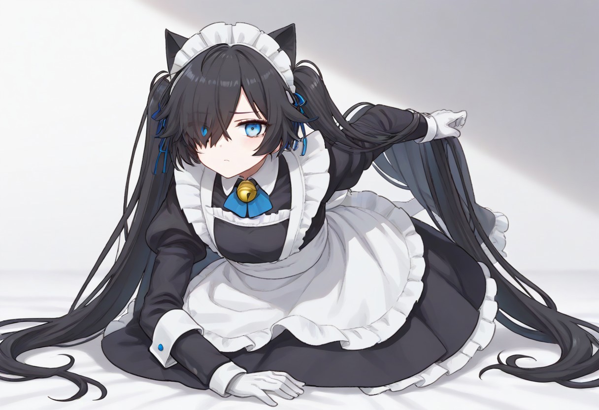 (Maid-kasli), solo, white gloves, dress, hair over one eye, maid apron, blue eyes, twintails, cat ears, maid headdress, maid, gloves, 1girl, apron, juliet sleeves, long sleeves, long hair, black hair, animal ears, bell,(Fall down),