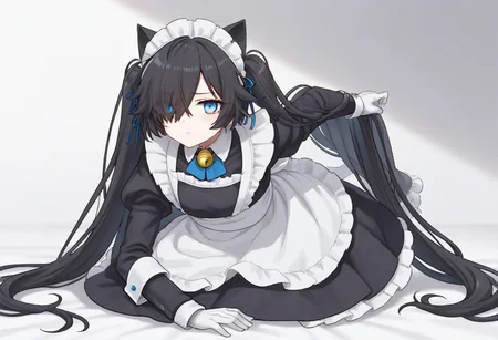 (Maid-kasli), solo, white gloves, dress, hair over one eye, maid apron, blue eyes, twintails, cat ears, maid headdress, maid, gloves, 1girl, apron, juliet sleeves, long sleeves, long hair, black hair, animal ears, bell,(Fall down),