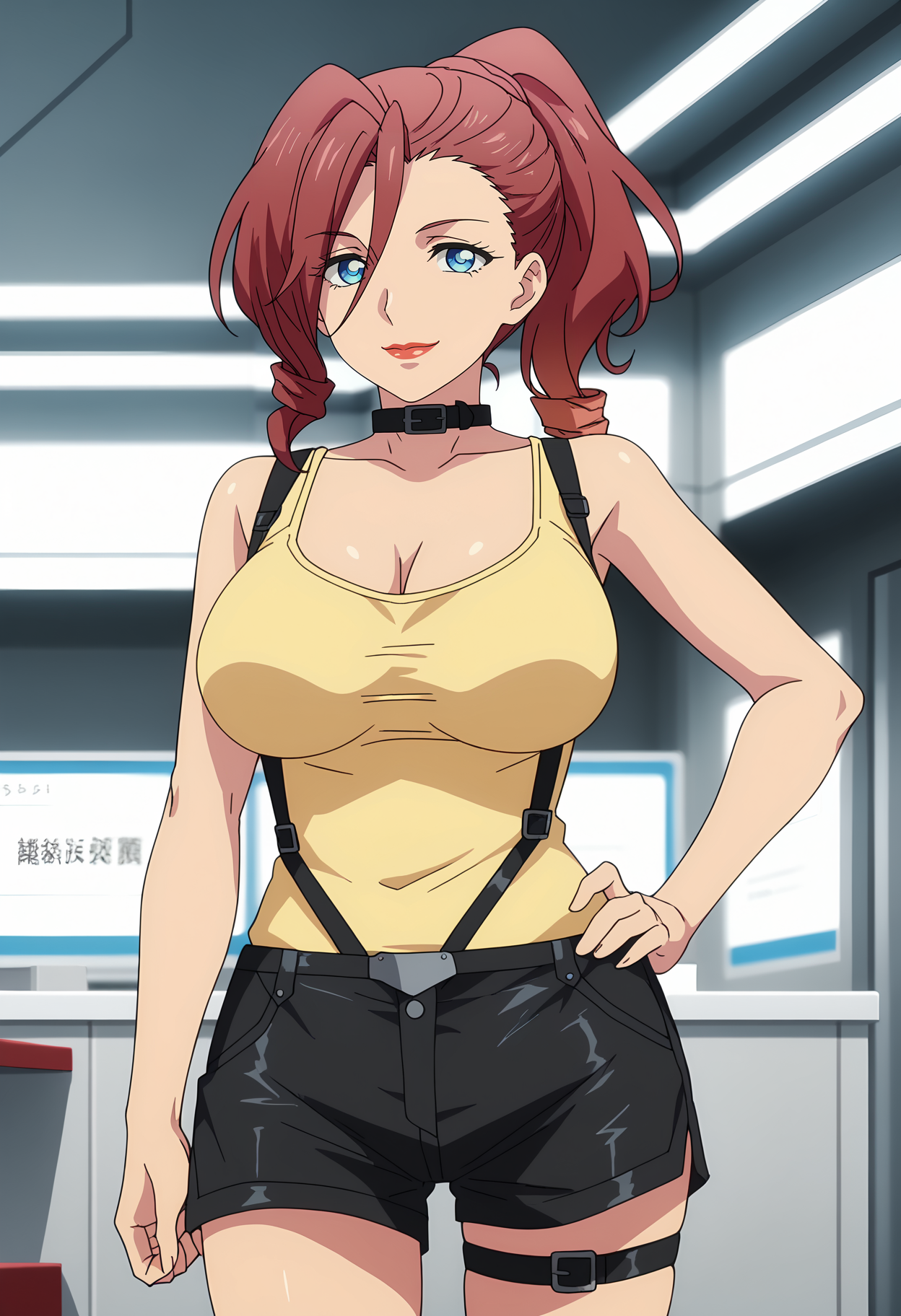 score_7_up, anime screencap,
<lora:ShuumatsuNoHarem_RyuuzoujiAkaneXL:0.9>,
1girl, solo, closed mouth, light smile,
ponytail, drill hair, red hair, asymmetrical bangs, blue eyes, red lips,
AkaneCasual, belt collar, black collar, yellow tank top, cleavage, large breasts, suspender shorts, black shorts, thigh strap,
hand on own hip, standing, looking at viewer,
science fiction, indoors, blurry background