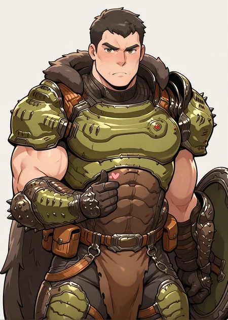 <lora:Doom_Slayer_TDA_IL:0.99> doomslayer_tda, solo, 1boy, male focus, mature male, muscular, bara, armor, shoulder armor, fur cape, spikes, vambraces, leg armor, black pants, belt pouch, belt, cowboy shot, white background, loincloth, chainmail, pose, giving finger heart, very short hair, black hair, frown, brown eyes, wrinkles, holding shield, shield <lora:Helmetless_Doomslayer_IL:0.9>