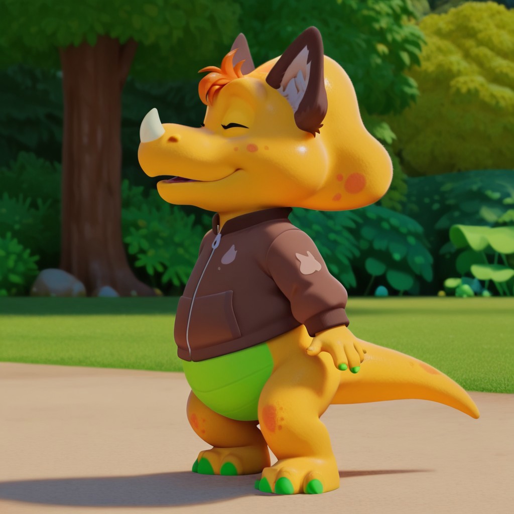 ((masterpiece, best quality, amazing quality,))  billybwil, semi-anthro, male, dinosaur, yellow skin, orange hair tuft, closed eyes, nose horn, wolf ears, brown jacket, outside, standing, solo, howling at moon