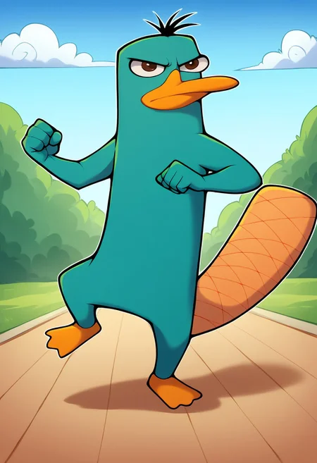 c4toony style, perry_the_platypus, solo, score_9, score_8_up, score_7_up, score_6_up, score_5_up, score_4_up, source_furry, hi res, sfw, 2D artwork.
1boy, solo, perry, teal fur, male furry, fur, duck feet, orange feet, webbed feet, duck bill, orange beak, beaver tail, orange tail, brown eyes, feral, biped, standing, kicking, clenching fists, fighting pose, angry expression, serious expression.
from front, outdoors, blue sky, looking at viewer