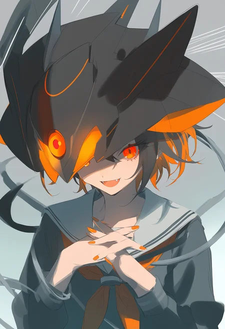1girl,solo,masterpiece,best quality,newest,recent,
BREAK
artist:ä»æ²¢, no humans, solo, red eyes, spikes, emphasis lines, glowing, robot, glowing eyes, mecha, spot color, sketch, weapon, pokemon \(creature\), grey background, glowing eye, cable, holding,1girl, solo, fangs, school uniform, colored inner hair, open mouth, orange theme, black hair, orange nails, orange eyes, looking at viewer, serafuku, smile, neckerchief, upper body, long sleeves, skin fangs, sailor collar, multicolored hair, gradient, bangs, gradient background, orange hair, shirt, own hands together, medium hair, short hair, nail polish, :d, glowing eyes, glowing, two-tone hair,