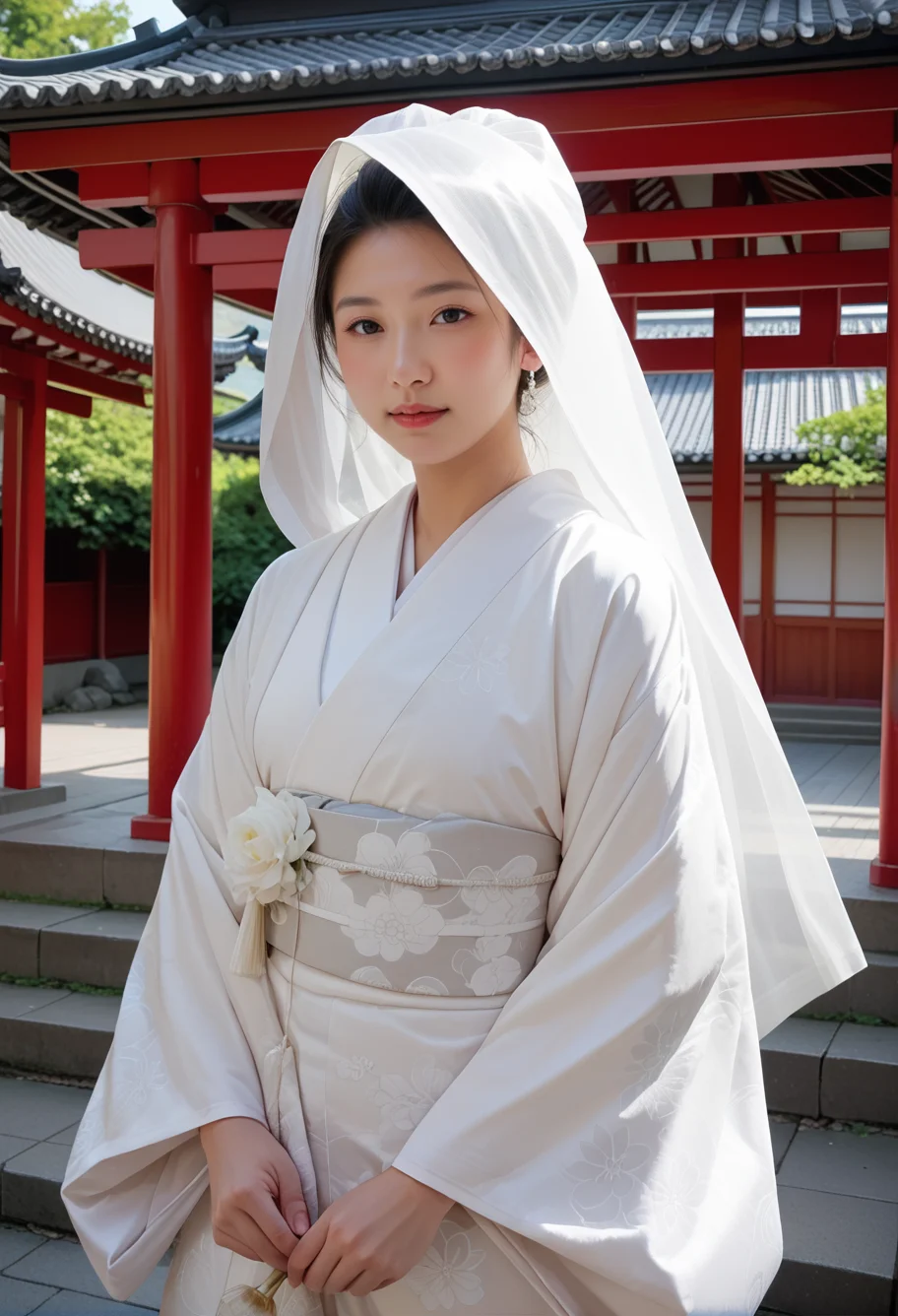 score_9,score_8_up,score_7_up,8k,,ruanyi0721,bride,white kimono,hood up,japanese clothes,east asian architecture,<lora:0721 Shiromuku_v1_pony:1>