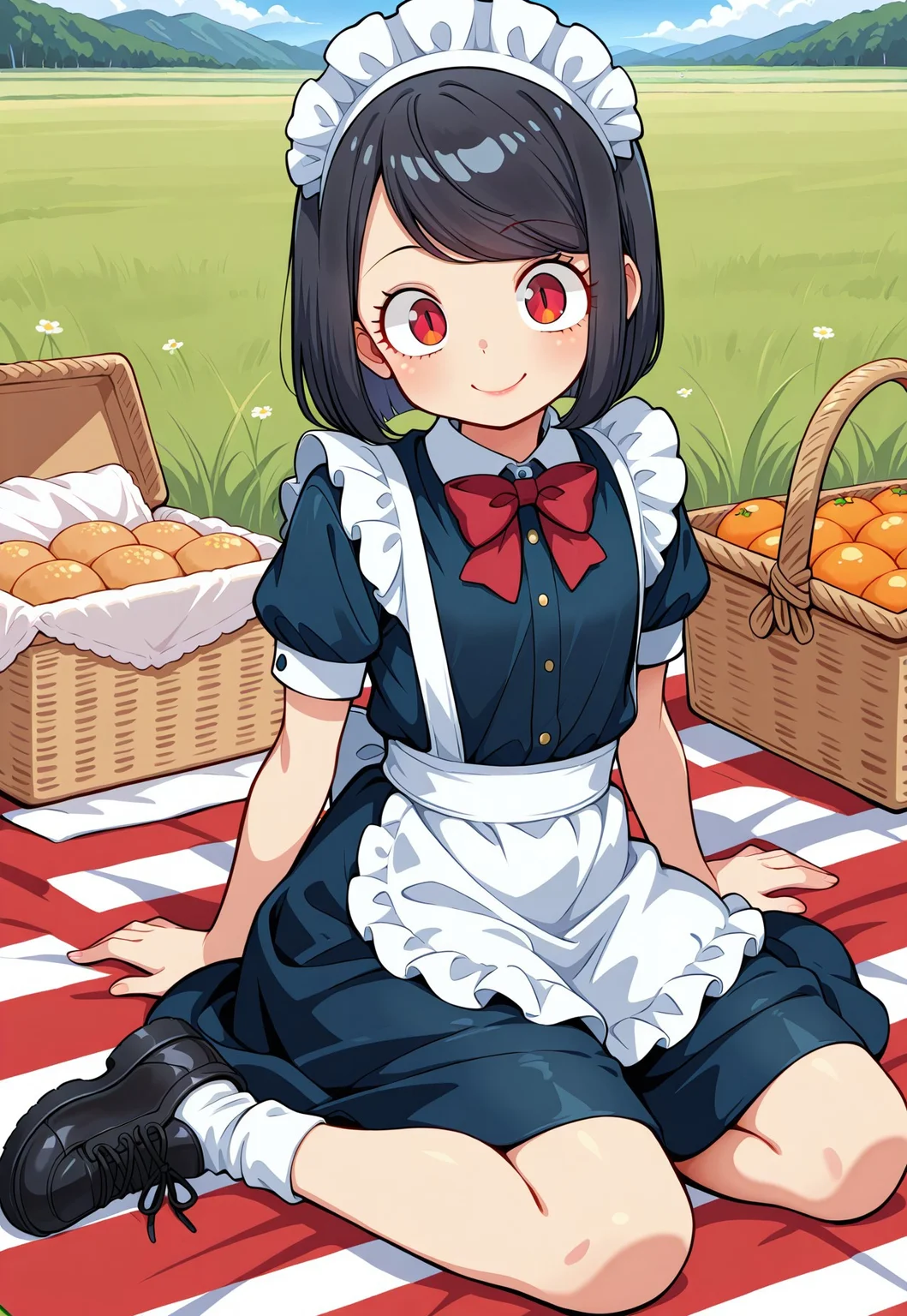 masterpiece, best quality, amazing quality, aesthetic, absurdres, best quality, 4k, upscale, outdoor, meadow, grass, blue sky, picnic basket, picnic towel, picnic, Jessica, slit pupils, red mascara, red lipstick, red eyes, smile, sitting, 1girl, food, black hair, maid headdress, maid outfit, red bow, skirt, shoes, solo, socks, flat chest, closed mouth, bob cut, swept bangs, <lora:Jessica_IL:0.8>