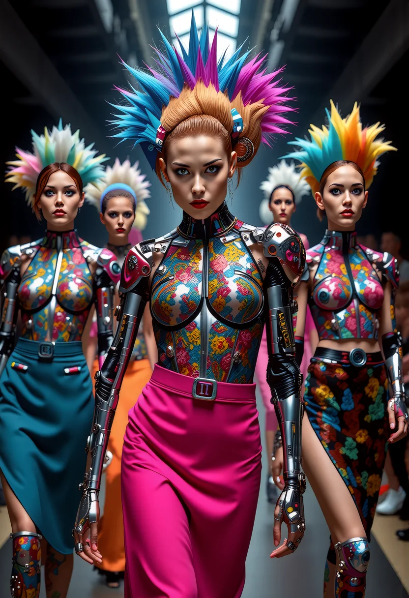 A vibrant runway showcases avant-gardepunk fashion, where models strut with bold, colorful hairstyles and makeup, their faces adorned with intricate mechanical_arms and cybernetic implants. The clothing, a fusion of punk and futuristic styles, features distorted proportions and abstract shapes, leaving the audience captivated by the unique blend of art and technology. <lora:art and styles/MysticFantasy.safetensors:1.0>, <lora:wlop:0.8>,<lora:flux_trainer/fluxPunk_v11>