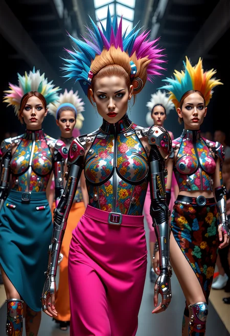 A vibrant runway showcases avant-gardepunk fashion, where models strut with bold, colorful hairstyles and makeup, their faces adorned with intricate mechanical_arms and cybernetic implants. The clothing, a fusion of punk and futuristic styles, features distorted proportions and abstract shapes, leaving the audience captivated by the unique blend of art and technology. <lora:art and styles/MysticFantasy.safetensors:1.0>, <lora:wlop:0.8>,<lora:flux_trainer/fluxPunk_v11>