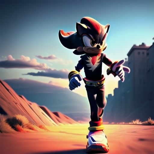 semi realistic 3d fully body illustration of shadow the hedgehog, ((1boy:1.4)), ((solo:1.4)), cowboy shot, running, outdoors, park (insanely detailed, masterpiece, best quality), depth of field, center, facing viewer, detailed landscape, clouds, sun, blue sky