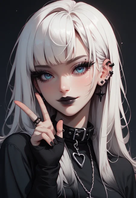 score_9, score_8_up, score_7_up,Goth girl, goth girl 1girl, 1girl,solo,long hair,breasts,looking at viewer,bangs,medium breasts, soft smile, shirt,white hair,blue eyes,upper body,multicolored hair,collar,black shirt,eyelashes,gradient hair,makeup,piercing,black background,gothic,long eyelashes,black lips,full body, V, hand gesture, <lora:Goth_girl_XL-v2:0.8>, <lora:[GP] somethingweird [Pony XL]:0.2>, <lora:g0th1cPXL:0.3>, <lora:Concept Art Twilight Style SDXL_LoRA_Pony Diffusion V6 XL:0.8>,