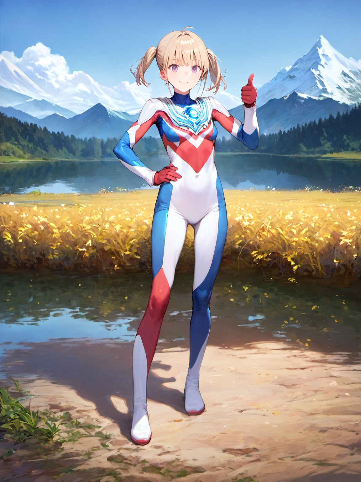 score_9, score_8_up, score_7_up, source_anime, anime artwork, all intricate, extremely detailed wallpaper, best quality, masterpiece,
BREAK
1girl, ultragirl, full body, standing, detailed bodysuit, short twintails, light smile, thumbs up, hand on hips, detailed background, large lake, mountains,
<lora:SDXL_Ultragirl1-pony16-000004:1>