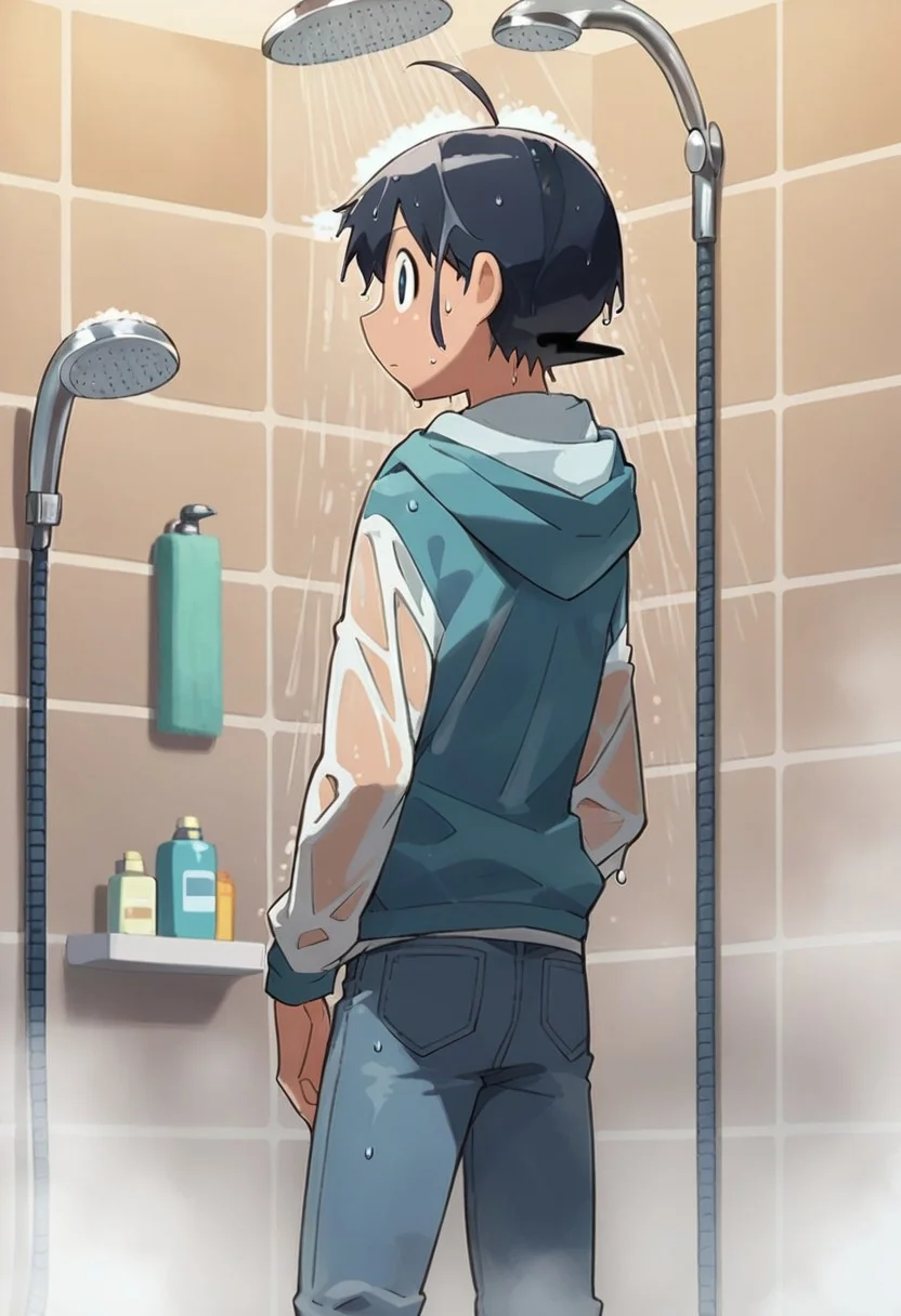 score_9, score_8_up, score_7_up, source_anime, 1boy, solo, fuyuki hinata, dark blue hair,  short hair, dark blue eyes, ahoge , denim, pants hood, hoodie, long sleeves, jeans, wet, wet clothes, wet hair, shower , looking back