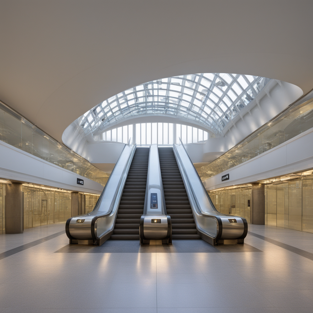 <lora:JJsMetroStation_XL:1>, ((Metro Station)),building,masterpiece , best quality, soft lighting, high quality, indoors,  building, scenery,real world location, sign, sunlight, sky, daytime,  enough detail, high resolution, super realistic, Photorealistic, highly detailed,reflection,glass,  esclator, hall way, curvy ceiling, reflection floor, stairs,