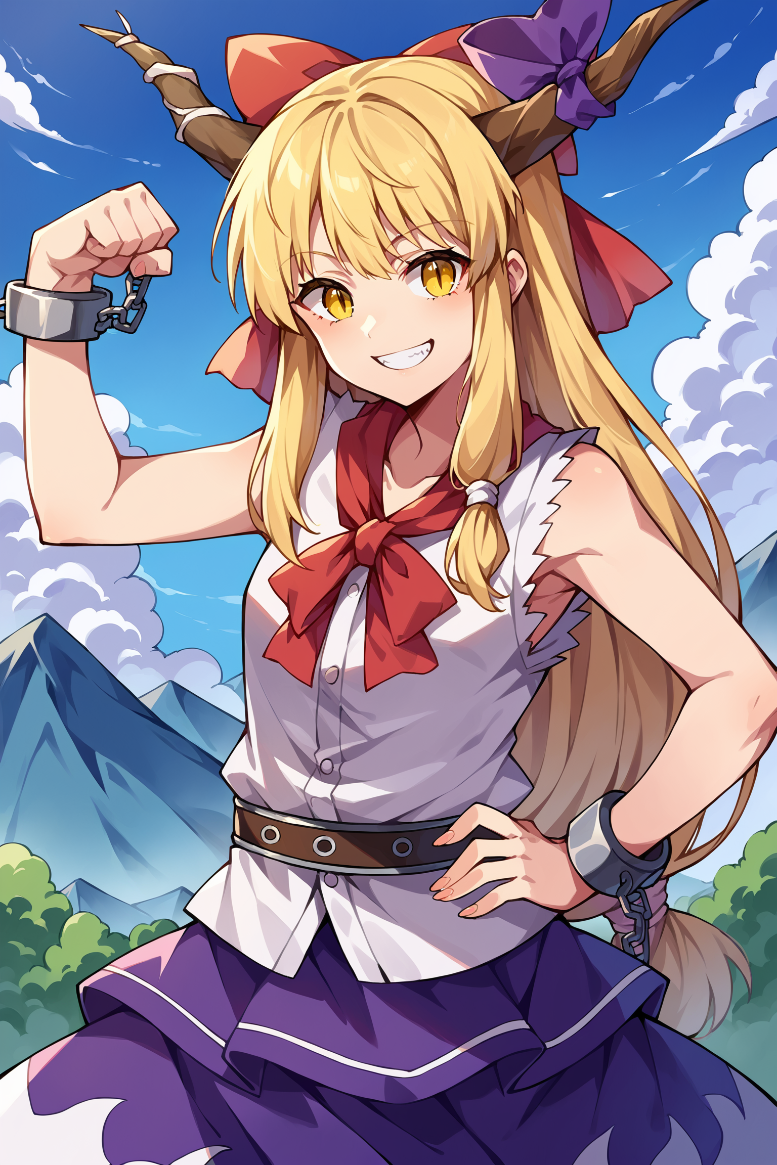 score_9, score_8_up, source_anime, outdoors, mountains
BREAK
1girl, solo, ibuki suika, horns, blonde hair, low-tied long hair, hair bow, yellow eyes, sleeveless white shirt, belt, purple skirt, shackles, smile, hand on hip, flexing
 <lora:char-suika-pony:1>
