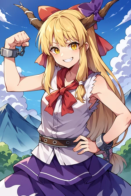 score_9, score_8_up, source_anime, outdoors, mountains
BREAK
1girl, solo, ibuki suika, horns, blonde hair, low-tied long hair, hair bow, yellow eyes, sleeveless white shirt, belt, purple skirt, shackles, smile, hand on hip, flexing
<lora:char-suika-pony:1>