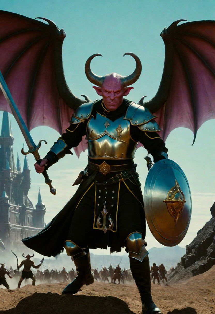 A hyperrealistic 8k photograph was captured by Sid Avery's Hasselblad camera, depicting close-up a handsome+ Tiefling shield bearer with pink++ skin and slender build during a battle+++, surrounded by goblins++, He has a bald head, neon yellow eyes, calm++ and handsome+ and detailed face, cold smile++, mysterious and ominous aura of dark shadows enveloping the figure, Lovecraftian Horror-themed, in the artistic style of Boris Vallejo, Shadows casting an uncanny atmosphere, hints of eldritch dark energy crackling, He is dressed in a musketeer outfit, high details and era-appropriate, He is wielding a magically radiating+ Backsword+ in the right hand, and he is holding a steel shield+++ in the left hand, the character has huge pink wings++, Backdrop (background) of a focused scene of a battle with goblins next to a crystal palace, Mysterious composition, imbued with a dark, ambient 3d warm studio backlight.
