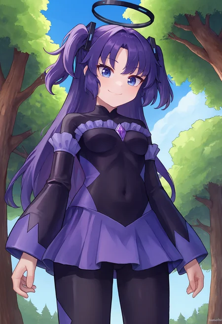 zPDXL, 1girl, solo, BREAK
hayase yuuka, two side up, halo,
black badend-bodysuit, purple skirt, purple frills, purple gem,
cowboy shot, from below,
outdoors, tree, blue sky,
<lora:bad-end-ot14-1701:0.8> <lora:yuuka-ponyxl-kohya3:0.8>