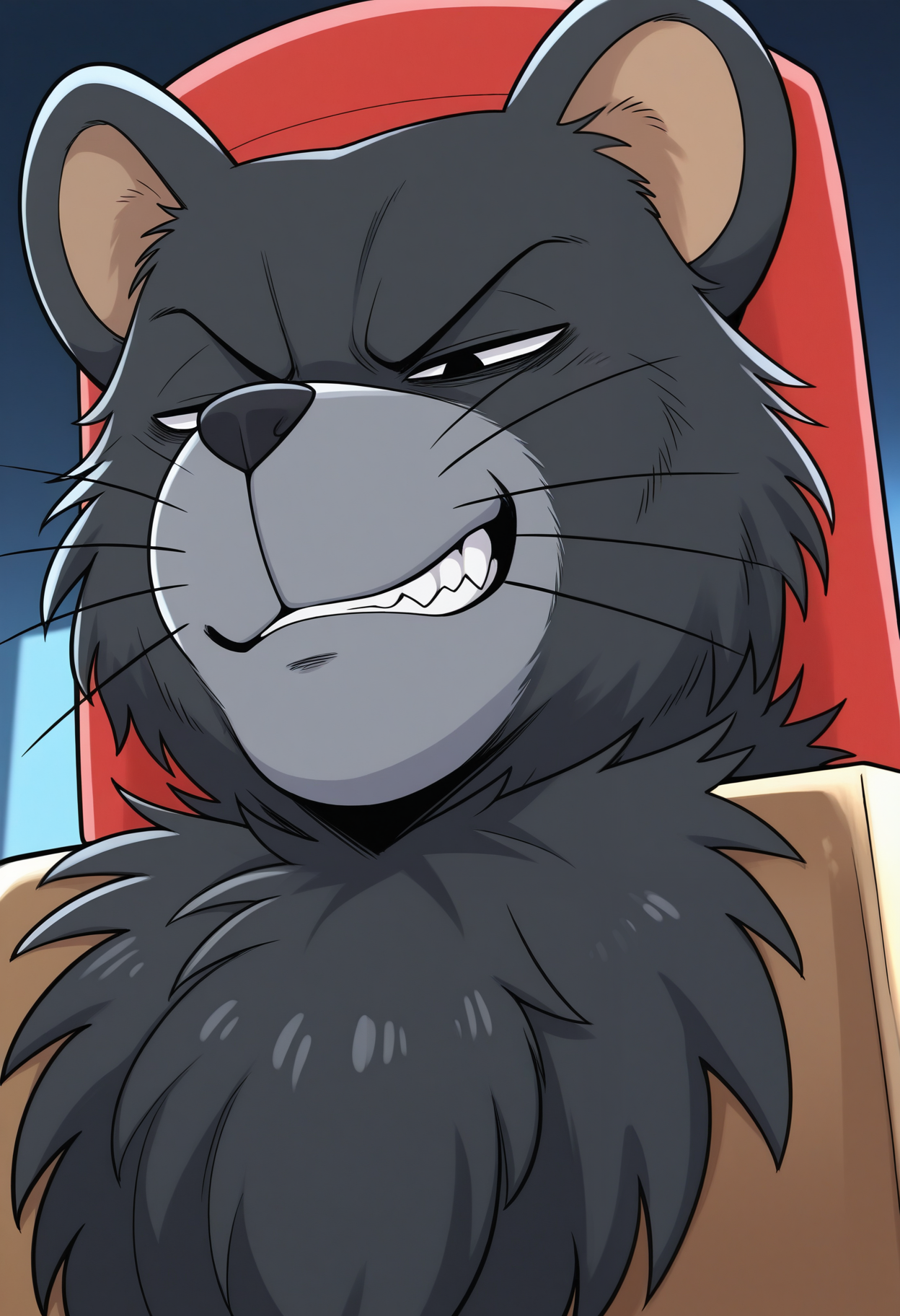 masterpiece,best quality,amazing quality, 1boy, solo, m0us3, furry, black fur, black eyes, whiskers, red headwear, costume, close up, evil smirk, 