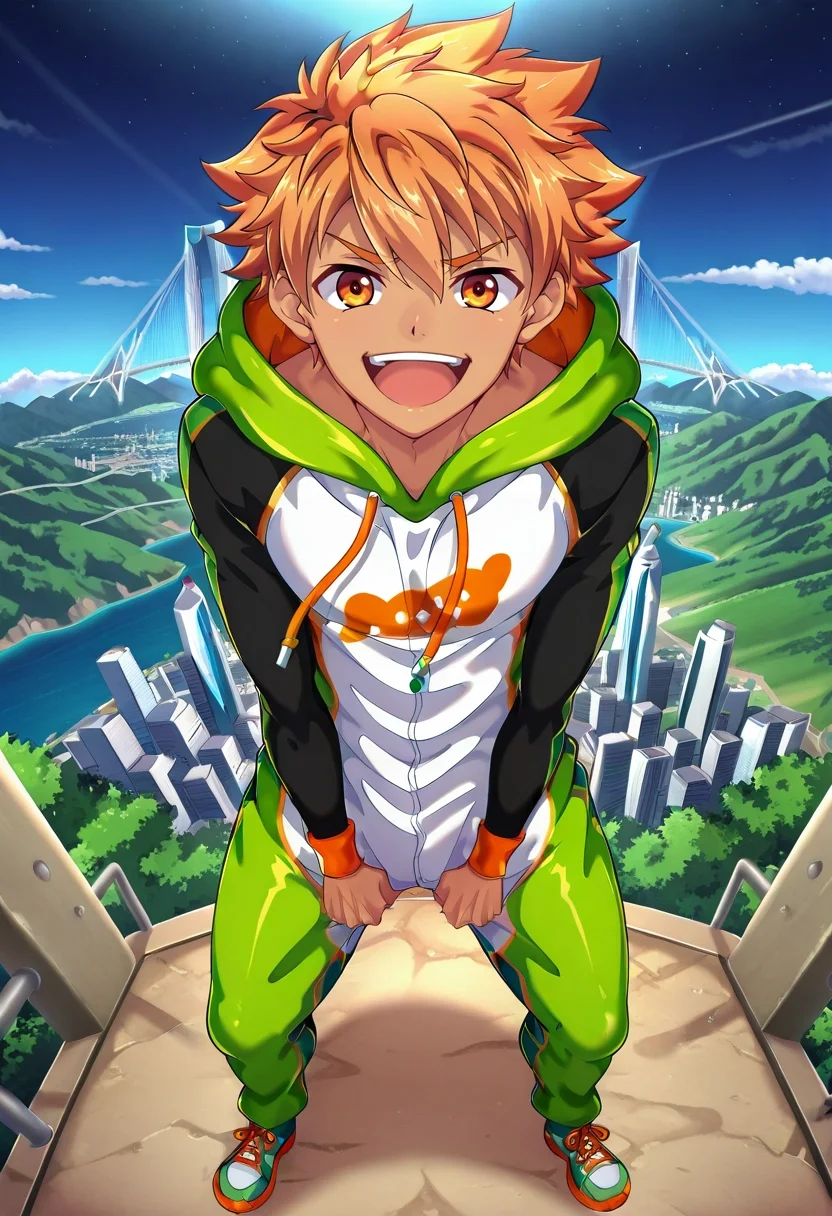 masterpiece, best quality, intricate details, anime screencap, , , looking at viewer, , 1boy, solo, male focus, <lora:jirou_camp_buddy_ilxl:0.98>, jirou_camp_buddy, orange hair, orange eyes, , symmetry, niagara falls, midnight, standing, laughing, geek costume