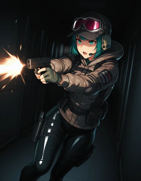 <lora:siege-illustrious-000010:1> solo, elarb6ubi, baseball cap, goggles on headwear, camouflage jacket, (turtleneck:0.4), hood, fingerless gloves, headset, holster, leggings, latex legwear,
handgun, glock, aiming, m uzzle flash, dark, open mouth, sweat, hallway, motion blur, dynamic, cinematic, masterpiece,best quality,amazing quality