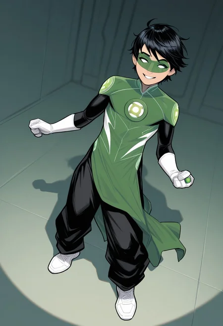 masterpiece, absurdres, high quality, perfect anatomy, 1boy, solo, cute boy, male focus, TaiPham, Black Hair, Green Lantern Ring, Green Lantern Costume, Green and Black Bodysuit, Green Domino Mask, White Eyes, White Gloves, Pelvic Curtain, Black Pants, White Shoes, big smile, cinematic, intricately detailed illustration, depth of field, masterpiece, best quality, amazing quality, very aesthetic, absurdres, newest, very awa, shadow, dynamic angle, casual cosplay, dynamic pose,