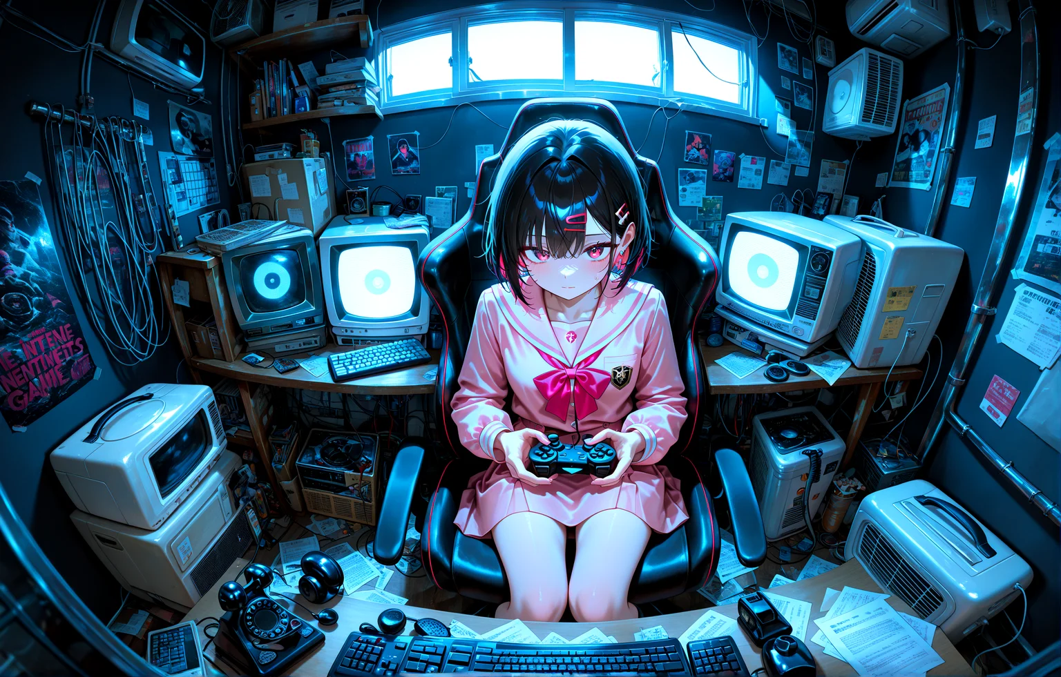 masterpiece, best quality, amazing quality, very aesthetic, absurdres, newest,
indoors keyboard seat game controller,scenery,fisheye, loaded_interior,crt,fan,case,paper,pencil,antique phone, nes,poster,air air conditioner, internet cable, dark background
pink school uniform pov from front
{{best_quality}},{{amazing_quality,very_aesthetic}},
masterpiece, best quality, amazing quality, very aesthetic, absurdres, newest, volumetric lighting, <lora:spo_sdxl_10ep_4k-data_lora_webui:1.0> <lora:il_color_temp_slider_d1:1>