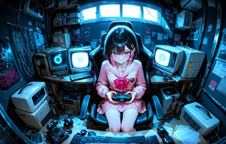 masterpiece, best quality, amazing quality, very aesthetic, absurdres, newest,
indoors keyboard seat game controller,scenery,fisheye, loaded_interior,crt,fan,case,paper,pencil,antique phone, nes,poster,air air conditioner, internet cable, dark background
pink school uniform pov from front
{{best_quality}},{{amazing_quality,very_aesthetic}},
masterpiece, best quality, amazing quality, very aesthetic, absurdres, newest, volumetric lighting, <lora:spo_sdxl_10ep_4k-data_lora_webui:1.0> <lora:il_color_temp_slider_d1:1>