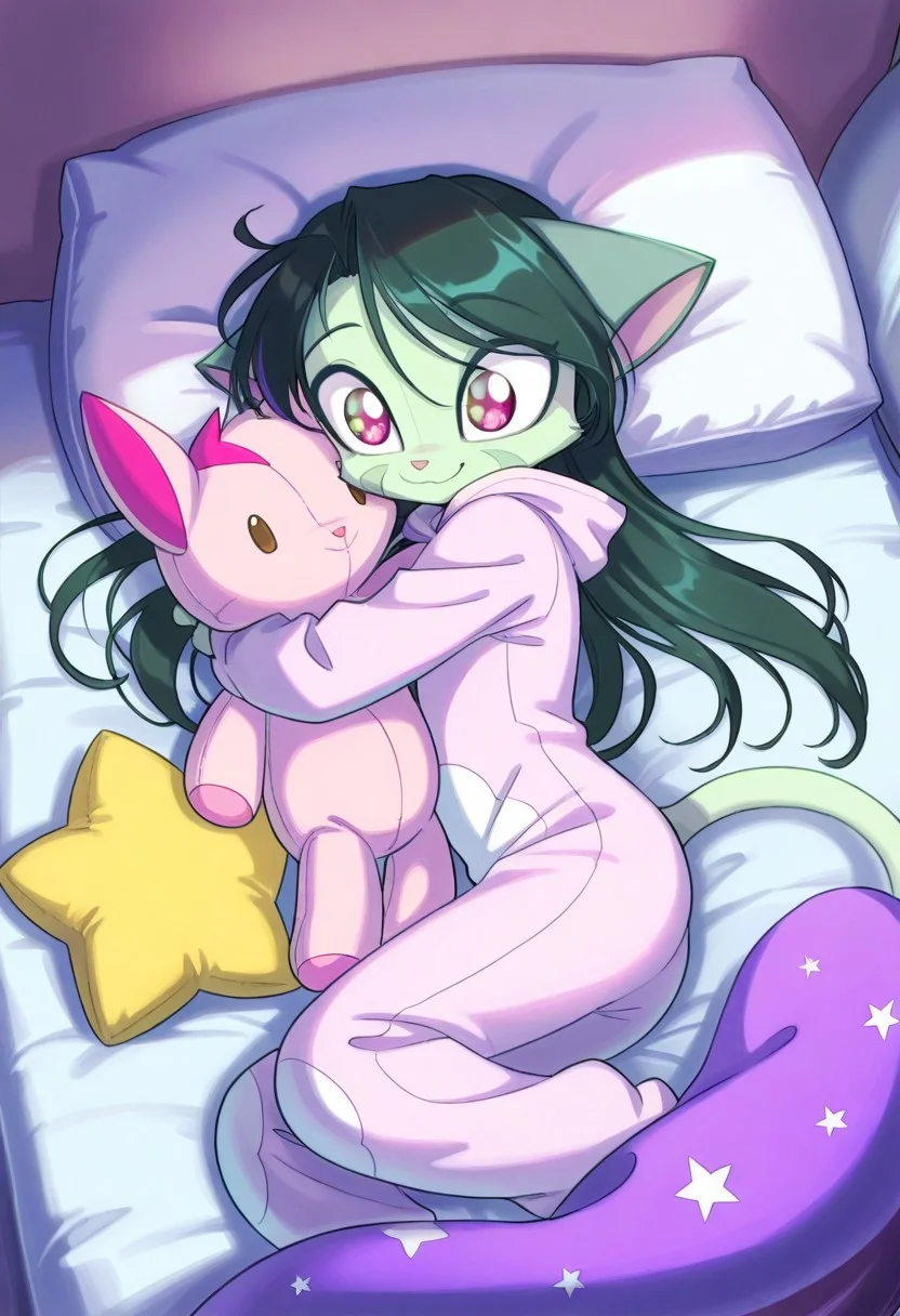 score_9, score_8_up, score_7_up,lilith_calah,
1girl,solo,furry,tail,dark green hair, source_furry,
,<lora:lilith_calah_illustrious:0.8>,
child, kid,
A girl in a cloud-patterned onesie lying on a pile of pillows, hugging a star-shaped plushie and giggling as she points at the ceiling (which is painted like a starry sky) onesie, cloud_print, star_plushie, hugging, lying, pillows, smile, happy, cute, big_eyes, indoor, cozy, pastel_colors, playful