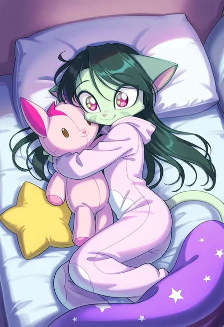 score_9, score_8_up, score_7_up,lilith_calah,
1girl,solo,furry,tail,dark green hair, source_furry,
,<lora:lilith_calah_illustrious:0.8>,
child, kid,
A girl in a cloud-patterned onesie lying on a pile of pillows, hugging a star-shaped plushie and giggling as she points at the ceiling (which is painted like a starry sky) onesie, cloud_print, star_plushie, hugging, lying, pillows, smile, happy, cute, big_eyes, indoor, cozy, pastel_colors, playful