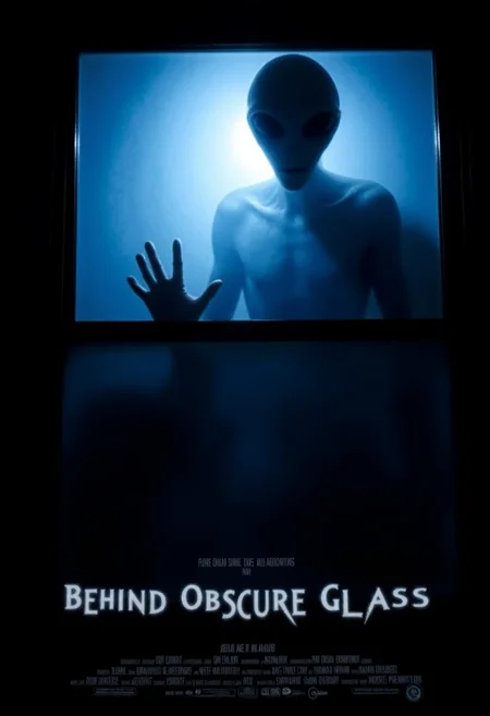 act1vate, behind_obscure_glass, dark, horror, An alien abduction horror movie poster. The scene is a dark living room at night. Outside the room through a large fogged window a dark and obscured silhouette of a terrifying grey-type alien looms. A blinding otherworldly blue light from behind the alien reveals glimpses of the alien's horrifying and unbalanced humanoid features such as enormous head and elongated limbs. The alien's hand is pressed against the window as if trying to look into the room. The movie title 'Behind Obscure Glass' written at the bottom of the image in ominous faintly glowing font. (Production credits below the movie title.:1.2) aidmatextimprover