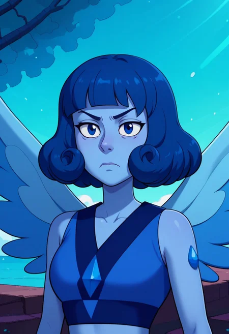 ((bedroom background)),score_9, score_8_up, score_7_up,score_6_up,
1girl, Solo, MeanLapis_SUF, light azure skin, dark blue eyes, medium-blue hair, short hair, hairstyle soft wavy bob, flat bangs, gemstone on her left shoulder, blue top with dark blue details, long blue skirt, barefoot, big eyes, tall stature, serious, sexy face, close-up, cowboyshot, perfect eyes, looking at the viewer, big breasts, detailed eyes, perfect eyes, cute, standing, head on, front pose, big water wings