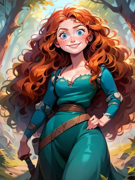 score_9, score_8_up, score_7_up, score_6_up, 1girl holding a bow, archer, smile, blush, freckles, green dress, long sleeves, long skirt ,cleavage, wavy hair, ponytail, curvy, medium breasts, narrow waist, wide hips, thick thighs, looking at viewer, dynamic angle, cowboy shot, sexy, forest, disney, (bow:1.2), realistic, realism, pixar,
<lora:MeridaBraveXLP_Character:1>MeridaXLP