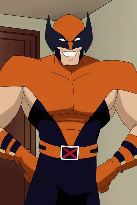 masterpiece, best quality, highres, newest, wolvevo, 1boy, solo, male focus, mature male, facial hair, stubble, bodysuit, orange bodysuit, black bodysuit, two-tone bodysuit, short sleeves, orange gloves, mask, covered eyes, white eyes, no pupils, belt, muscular, smile, grin, hands on own hip, looking at viewer, standing, portrait, upper body, indoors, living room <lora:Wolverine (Logan) X-Men Evolution (First Suit+Unmasked) v1.1 [LoRA] - NoobAI-XL EPS 1.0:0.8>