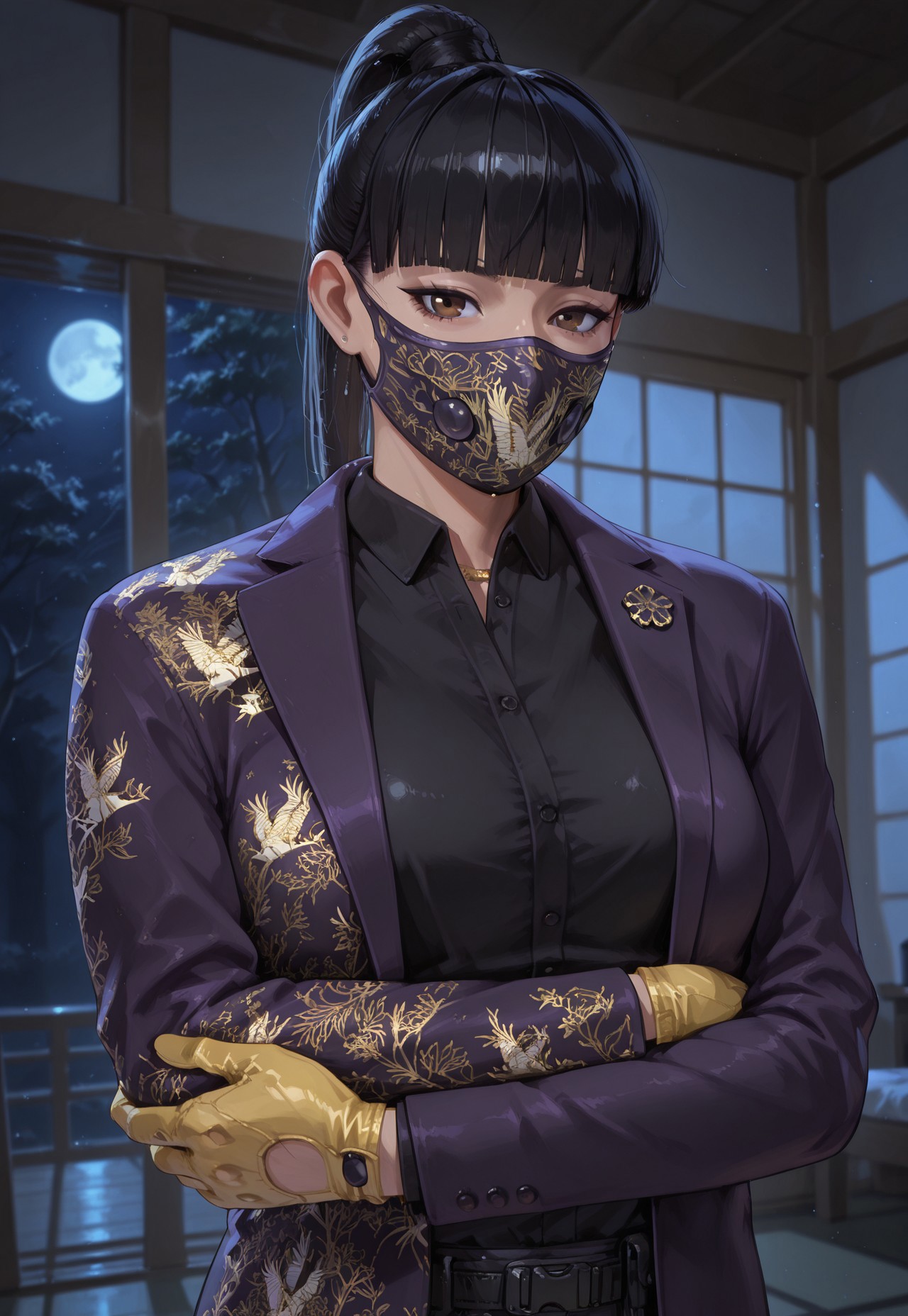 masterpiece, best quality, BREAK, dynamic angle, 1girl, solo, azamir6s, brown eyes, black hair, blunt bangs, ponytail, purple jacket, black buttoned shirt, face mask, yellow gloves, arms crossed, japanese room, night time, moonlight, detailed scenery