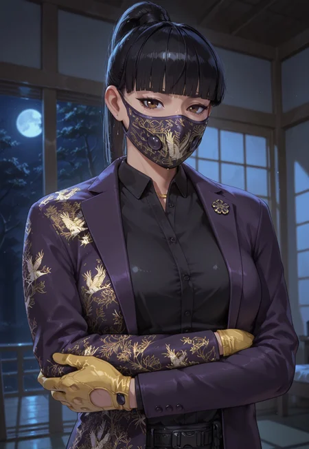 masterpiece, best quality, BREAK, dynamic angle, 1girl, solo, azamir6s, brown eyes, black hair, blunt bangs, ponytail, purple jacket, black buttoned shirt, face mask, yellow gloves, arms crossed, japanese room, night time, moonlight, detailed scenery