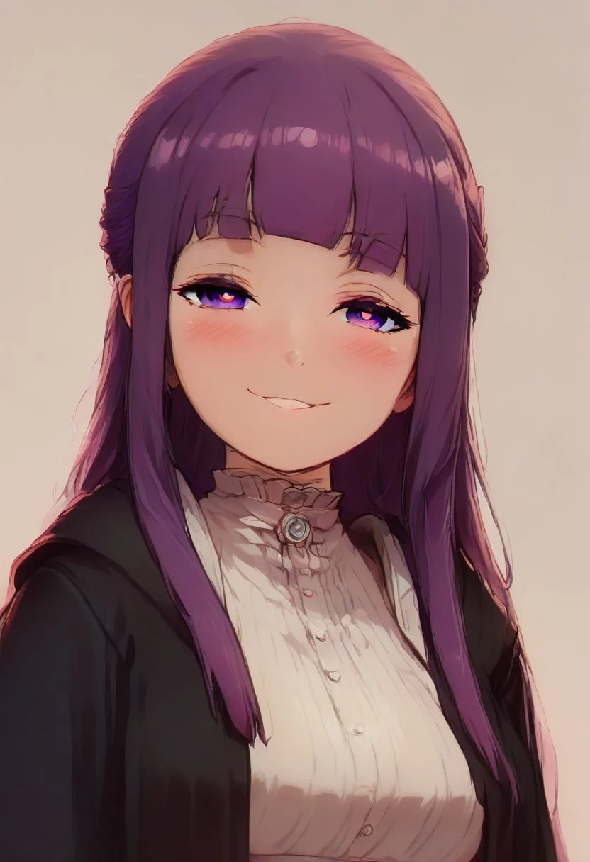 score_9, score_8_up, score_7_up, pinup girl pose, Expressiveh,
(Faded Headshot, faded bottom, faded edges),
aesthetic, dramatic angle, unique perspective, unique angle,
big breasts,
patFern, long hair, bangs, purple eyes, purple hair, sidelocks, blunt bangs, bright pupils, half updo, long sleeves, dress, white dress, long dress, robe, black robe,
looking at viewer, dutch angle, solo,
extremely smug, smile,
blush, horny,