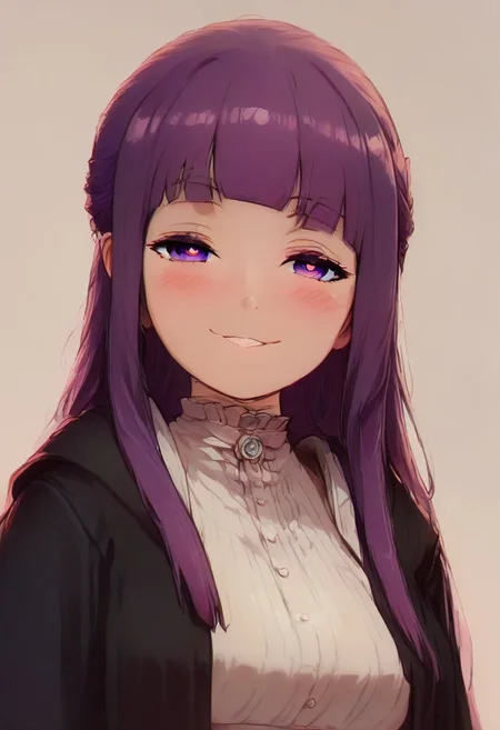 score_9, score_8_up, score_7_up, pinup girl pose, Expressiveh,
(Faded Headshot, faded bottom, faded edges),
aesthetic, dramatic angle, unique perspective, unique angle,
big breasts,
patFern, long hair, bangs, purple eyes, purple hair, sidelocks, blunt bangs, bright pupils, half updo, long sleeves, dress, white dress, long dress, robe, black robe,
looking at viewer, dutch angle, solo,
extremely smug, smile,
blush, horny,