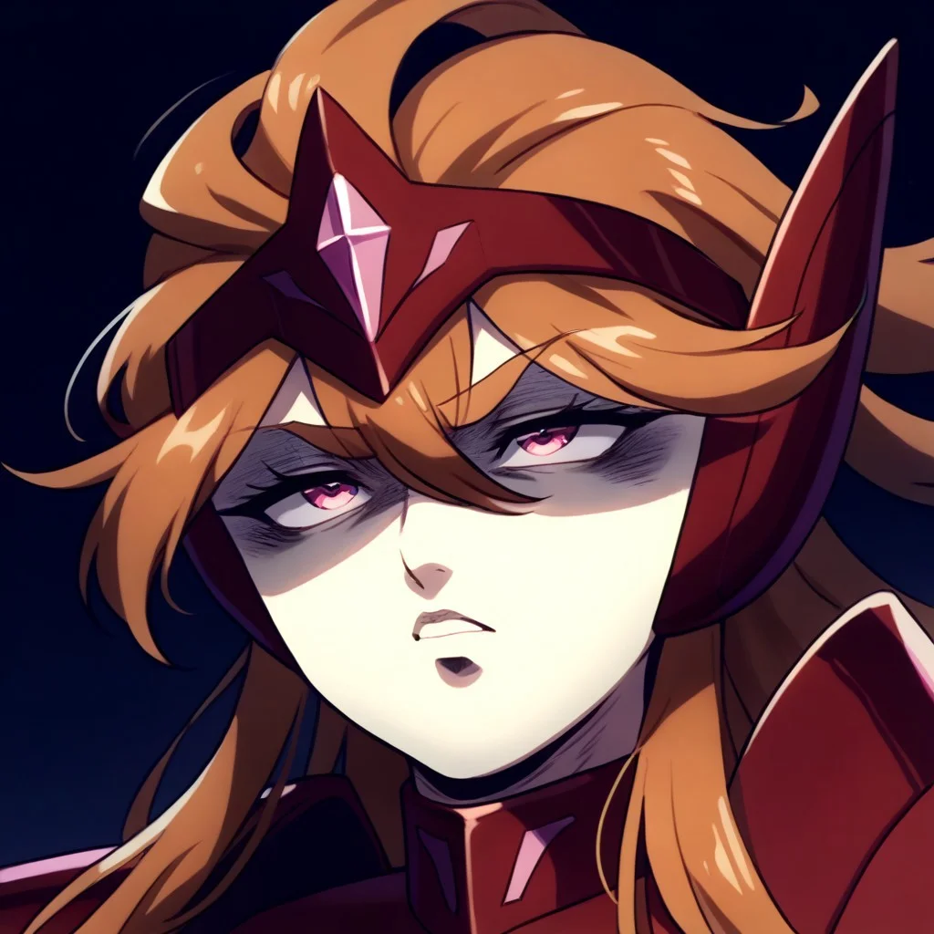 score_9, score_8_up, score_7_up, masterpiece, cromartie, shaded face, (((plump face))), ((grimacing)), benetmime,long wavy orange hair, red circlet, pink eyes, red armor, red pauldrons, white sleeves,