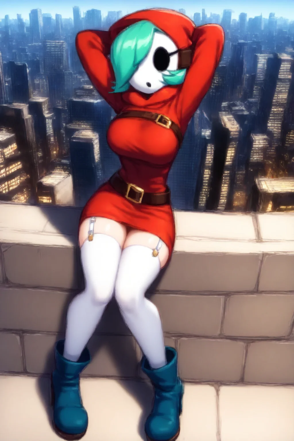 masterpiece, best quality, newest, absurdres, 1girl, shygal, hood, belt, short dress, black eyes, white thighhighs, long hood, skirt, garter straps, garter belt, boots, sitting on brick wall, city background, urban, ((cityscape)), hands behind head, relaxed, looking at viewer
BREAK
red background, dynamic background, <lora:Shygal_-_Minus8_IL:1>