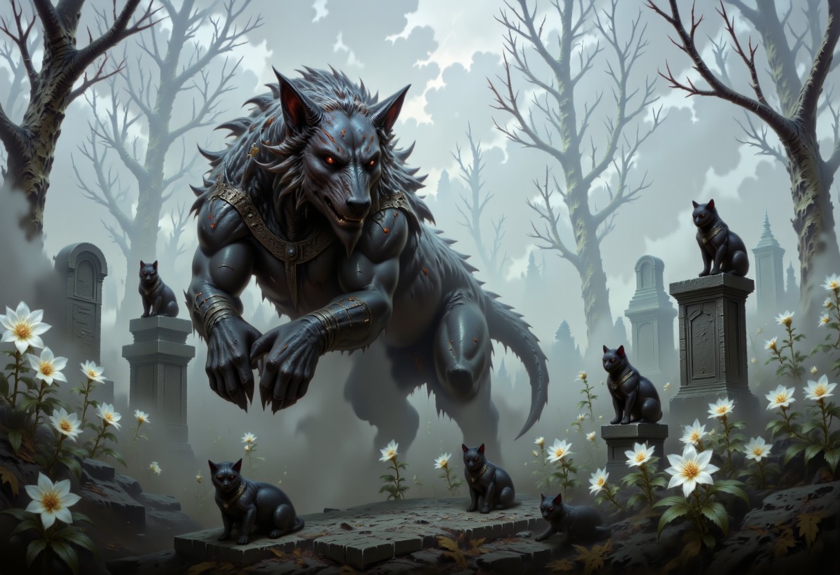 DFOP-V3.0 style dark fantasy oil painting that features fog covered graveyard, graveyard is full of white flowers that raise above fog level on the graveyard there is black wolf, he sits in the picture center but is not occupaing a lot of spcae in it. The wolf has big, glowing, empty eyes and he is starind intro viewers direction. The wolf is creature made of dark smoke, covered in black smoke cloth that makes high cotrast with white fog and flowers that coveres majority of the graveyard area, the wolf is far from the center of picture taking a fraction of it. The wolf is surrounded by multiple, small black cats, the cats are sitting on graves and just like the wolf have big white empty eyes and are staring intro viewers direction. He sits next to one of the graves and stares intro viewer direction, the wolf is zoomedd out to take the fration of picture, not being it's centerpiece, the main focus of picture is graveyard area itself.