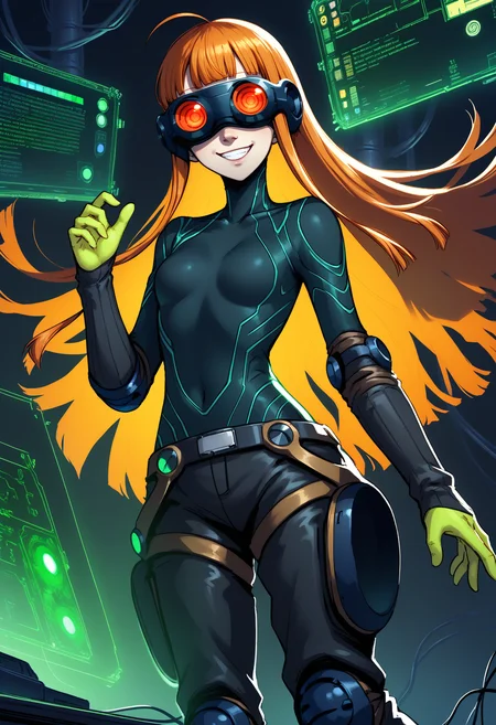 score_9, score_8_up, score_7_up BREAK 1girl, futabaoracle, orange hair, long hair, blunt bangs, ahoge, purple eyes, goggles on head, black bodysuit, green gloves, black pants, belt, knee pads, neon lighting, glowing numbers, cables, glowing eyes, smile, floating body, keyboard, dark background, matrix <lora:zs_FutabaXL:1> <lora:add-detail-xl:0.5>