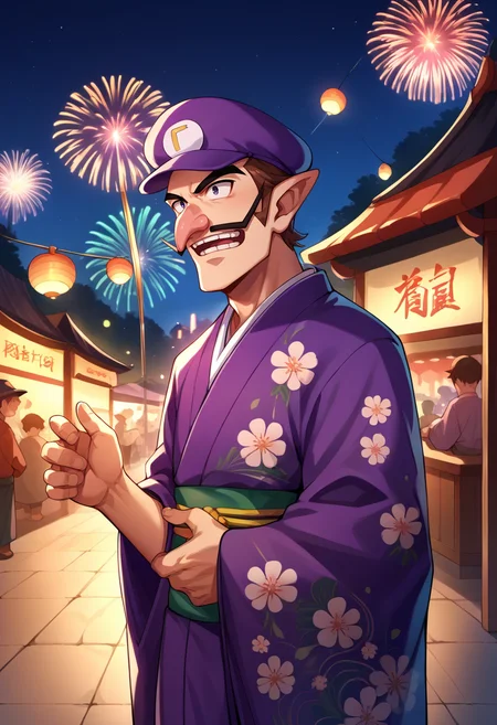 score_9, score_8_up, source_anime, 1boy, solo, Waluigi, mustache, teeth, pointy ears, brown hair, hat, purple headwear, kimono, floral print, outdoors, night, festival, fireworks, <lora:ChamWaluigiPonyXL:1>