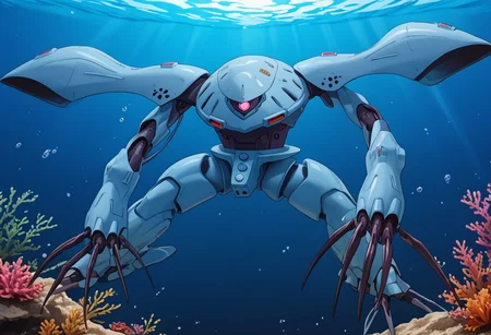 score_9, score_8_up, score_7_up, source_anime, front view, BREAK, ( hygogg, blue_hygogg_armor, pink monoeye, from side, looking at viewer, long arms, very long arms, long claws) 1mech, blue mech, wide mech, large shoulders, large shoulder armor, mech focus, solo, BREAK, two arms, swimming, underwater, sewers, floating, reaching towards viewer, swimming forwards,