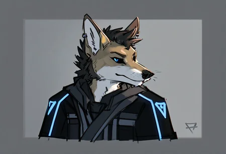 score_9, score_8_up, score_7_up, score_6_up, ((masterpiece)), (coyote, male), solo, anthro, perfectly rendered face, correct eyes, dark grey background, interior, sci-fi, computers in background, silhouette, outline, solo focus, vignette, dim lighting, side lighting, pointing, looking left, smirk, edgy expression, (head tilt), portrait, waist-up, skinny, clothed, kemono, eastern clothing, dark clothing, sideburns, dark hair, black sclera, blue eyes, black mohawk mane, face piercings, ear piercings, wintertide, blue insignia, shoulderpad, armor, straps, buckles, pouches, zPDXL3