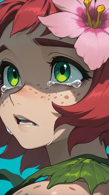 1girl, solo, open_mouth, simple_background, green_eyes, flower, parted_lips, tears, leaf, blue_background, crying, portrait, pink_flower, freckles