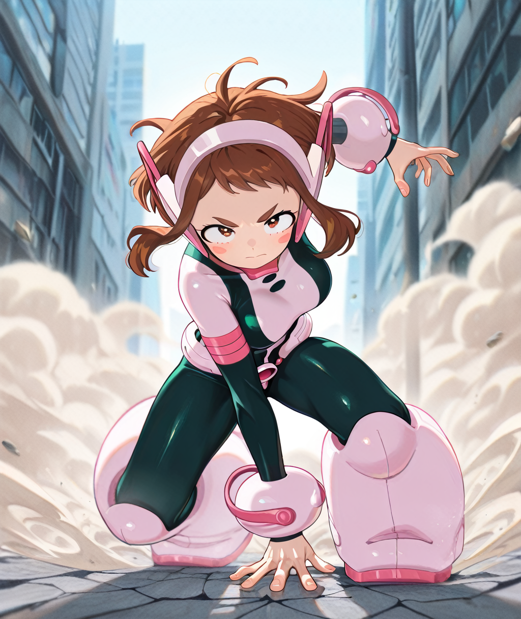 1girl, solo, 
uraraka ochako, brown hair, brown eyes, short hair, blush stickers,
betcos, headgear,
superhero landing, arm up, outstretched arms, 
(serious:1.2), 
looking at viewer, head down, 
outdoors, city, street, 
cracked floor, dust cloud, 
colorful, shiny skin, 
masterpiece, best quality, amazing quality, very aesthetic, absurdres, newest, scenery, (volumetric lighting:1.1), depth of field <lora:Superhero_landing:1> <lora:Uraraka_Ochako_illustrious-XL:1>