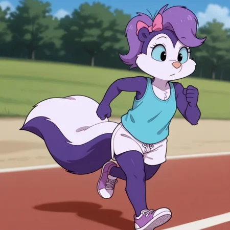 masterpiece, best quality, amazing quality, fifittail, anthro, female, skunk, purple fur, purple hair, black eyes, blue sclera, pink bow, blue tank top, white shorts, jogging, outside