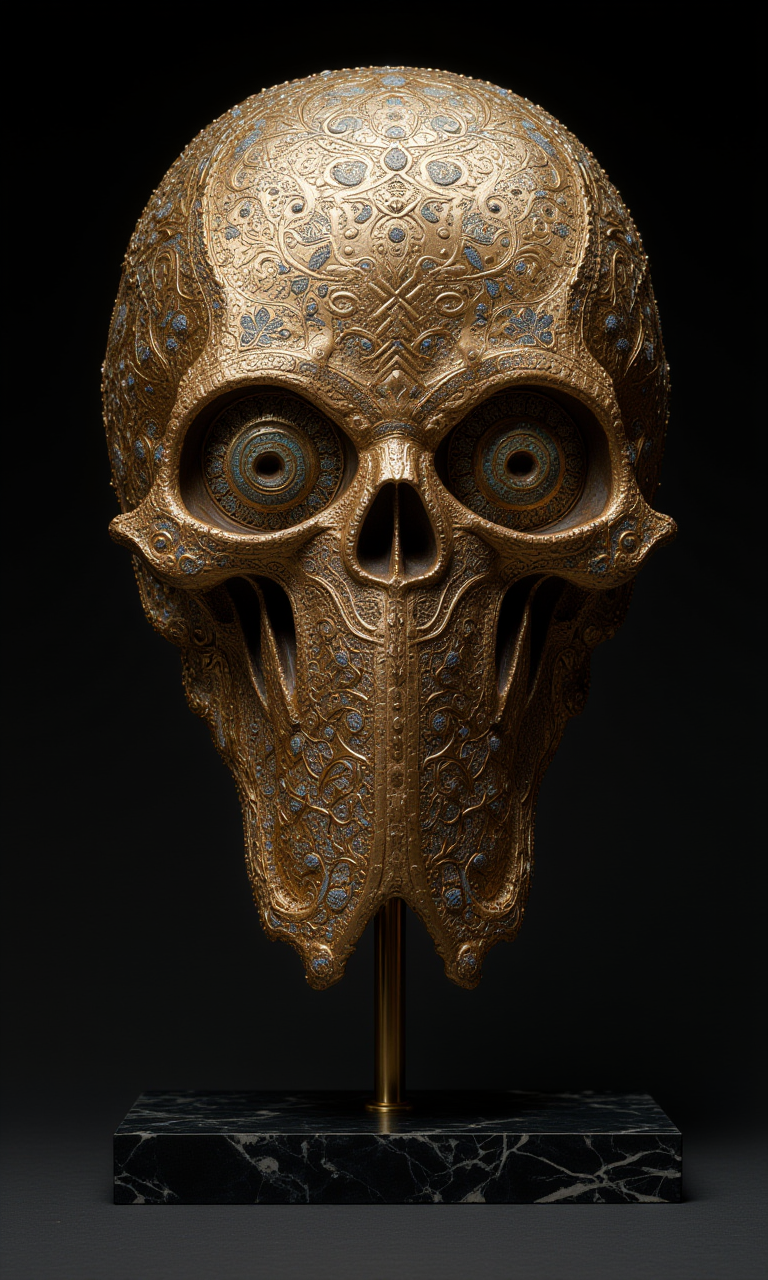 An artistic skull on a display stand, Inlaid with delicate metal patterns. <lora:flux1-D\flux.1_lora_flyway_Epic-Characters_v1.preview:1.0>